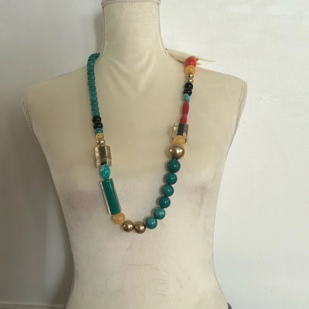 Macys Long beaded necklace, turquoise gold yellow clear red beads NWT